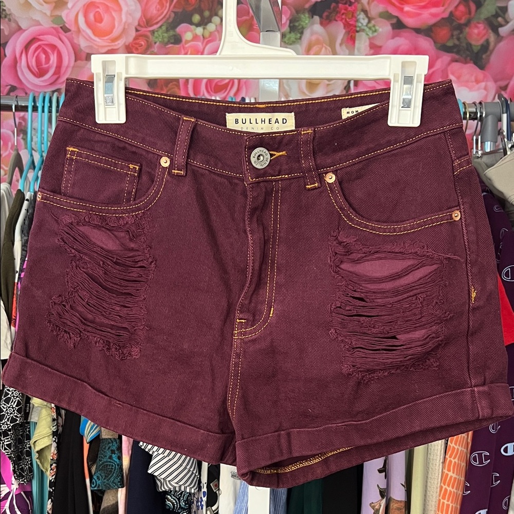 Bullhead Women's Burgundy Distressed Jean Shorts